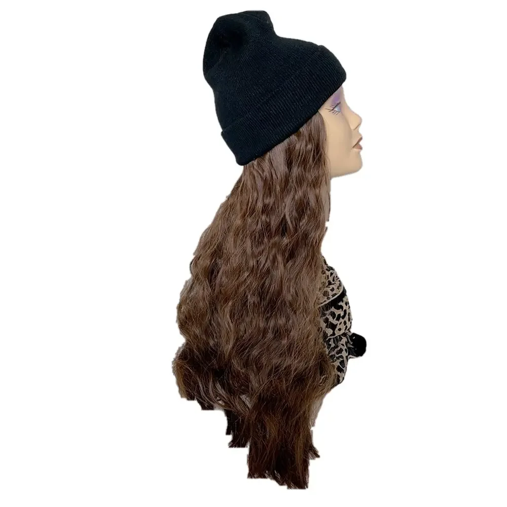 Long Curly Wavy Brown Hair Beanie Wig • Black Knit Hat Attached Extensions 30”